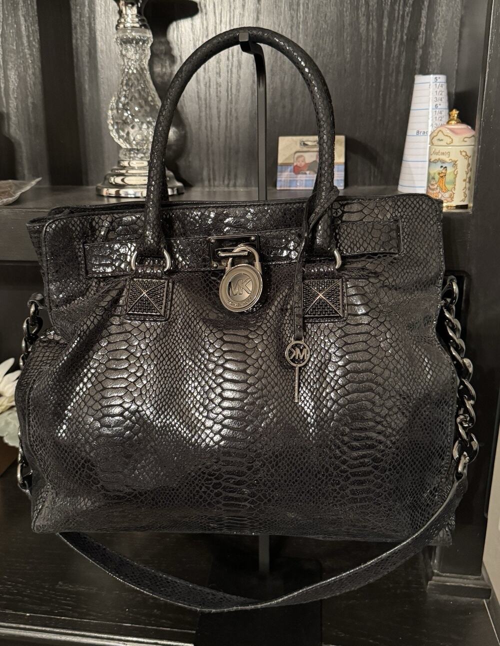 Michael Kors Hamilton Satchel Handbag Black Snakeskin Embossed